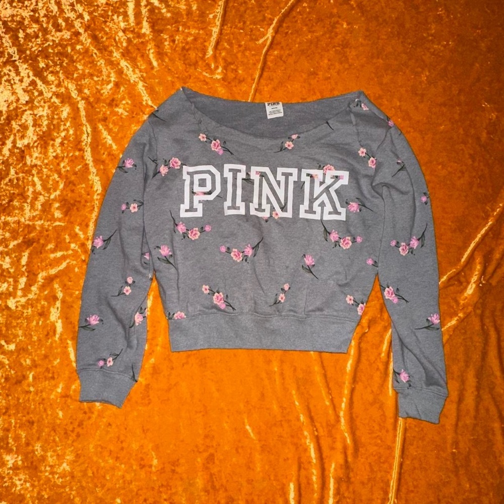 victorias secret vs pink grey floral cutoff off shoulder pullover crewneck